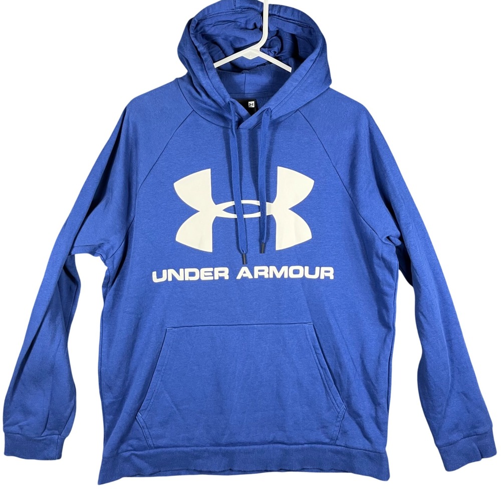Under Armour Hoodie Mens Large Blue Big‎ Logo Fleece Pullover Raglan Sleeve